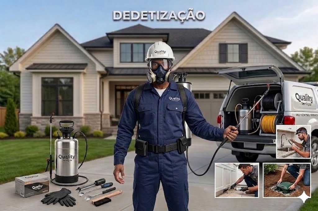 Tecnico da Quality Servicos realizando dedetizacao residencial com equipamento profissional